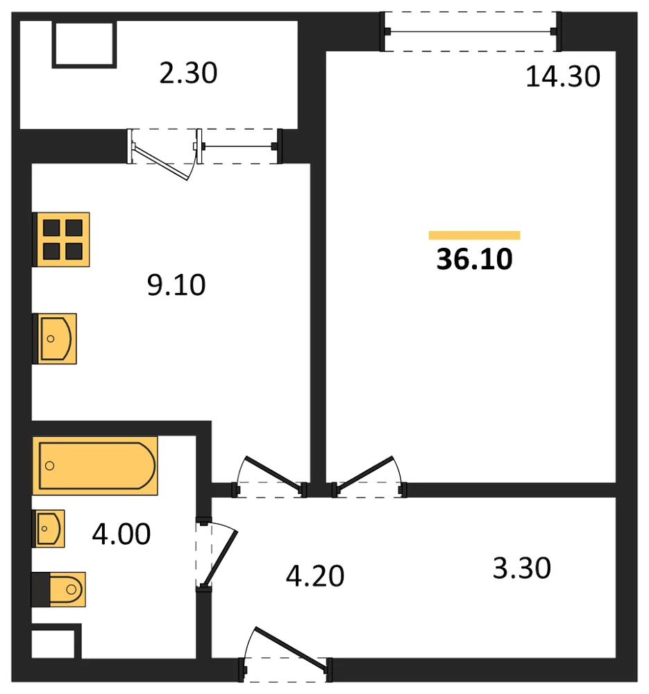 Планировка: 1-комн., 36,1 м²