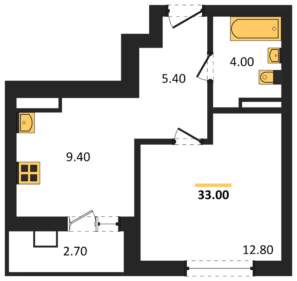 Планировка: 1-комн., 33 м²