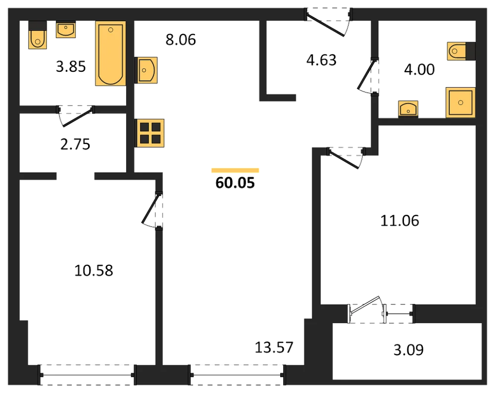 Планировка: 2-комн., 60,1 м²