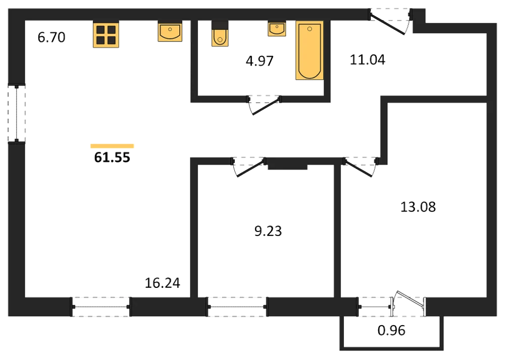 Планировка: 2-комн., 61,6 м²