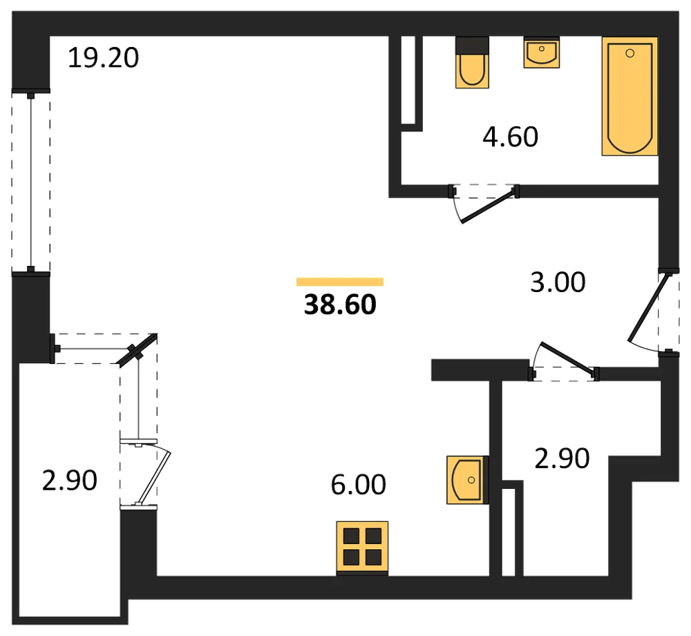Планировка: Студия, 38,6 м²