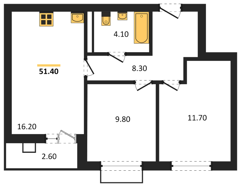 Планировка: 2-комн., 51,4 м²