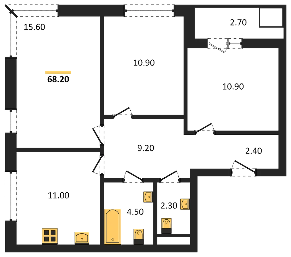 Планировка: 3-комн., 68,2 м²