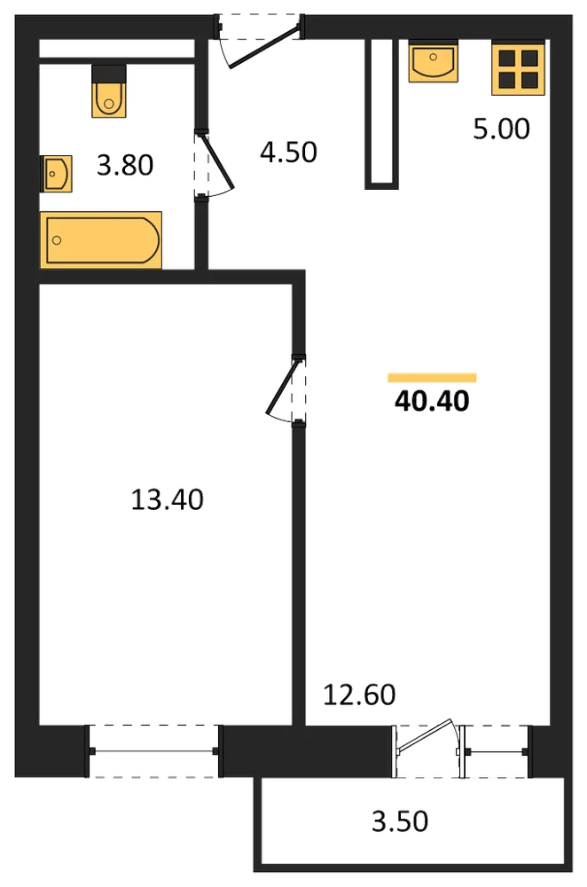Планировка: 1-комн., 40,3 м²