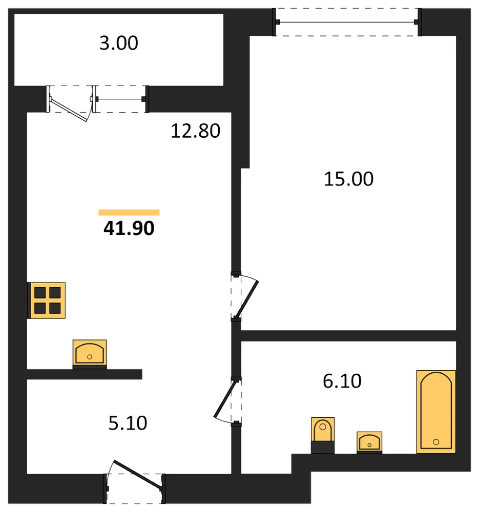 Планировка: 1-комн., 41,9 м²