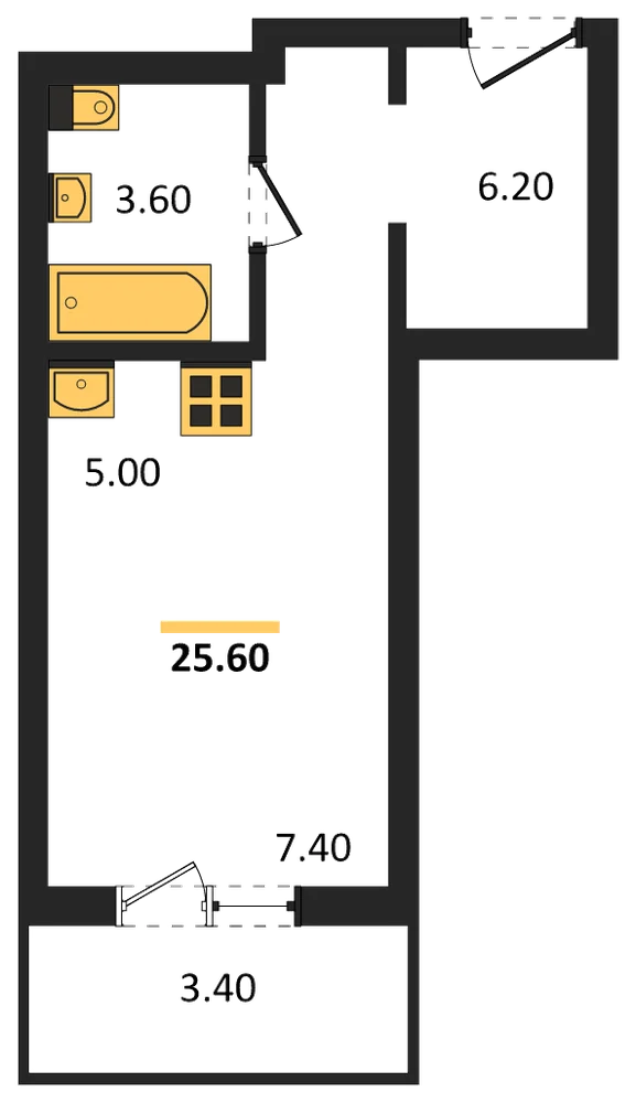 Планировка: Студия, 25,6 м²
