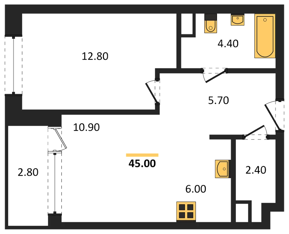Планировка: 1-комн., 45 м²