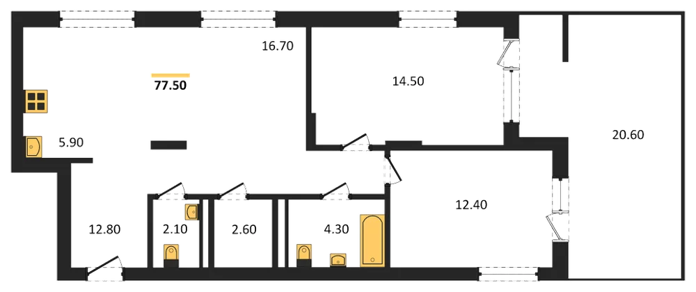 Планировка: 2-комн., 77,5 м²