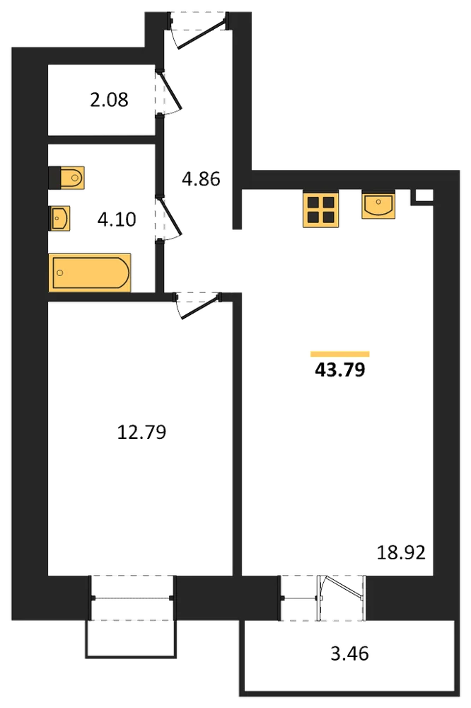 Планировка: 1-комн., 43,8 м²