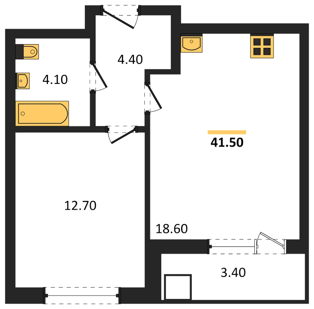 Планировка: 1-комн., 41,5 м²