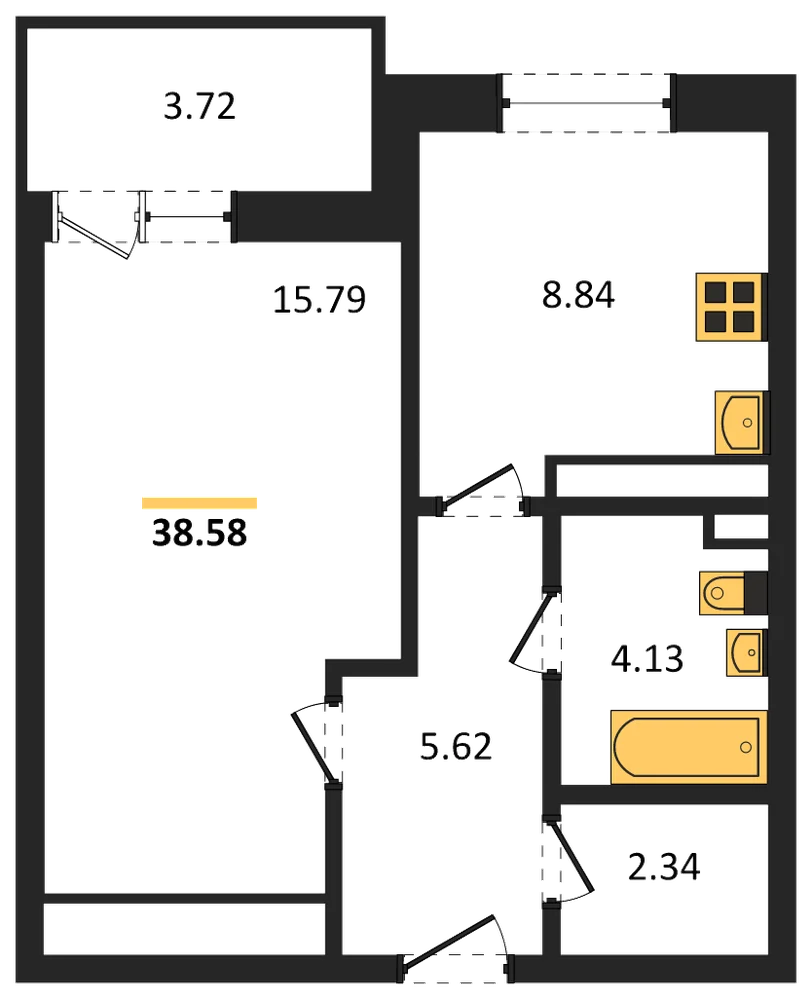 Планировка: 1-комн., 38,6 м²