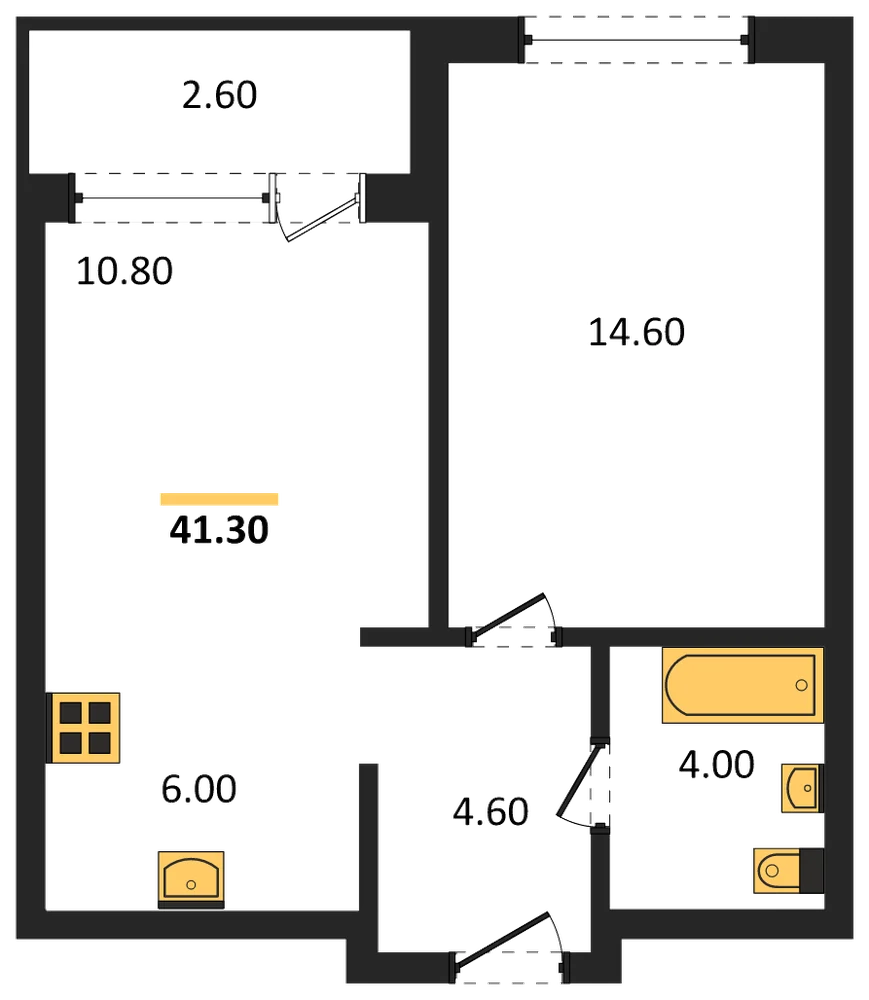 Планировка: 1-комн., 41,3 м²