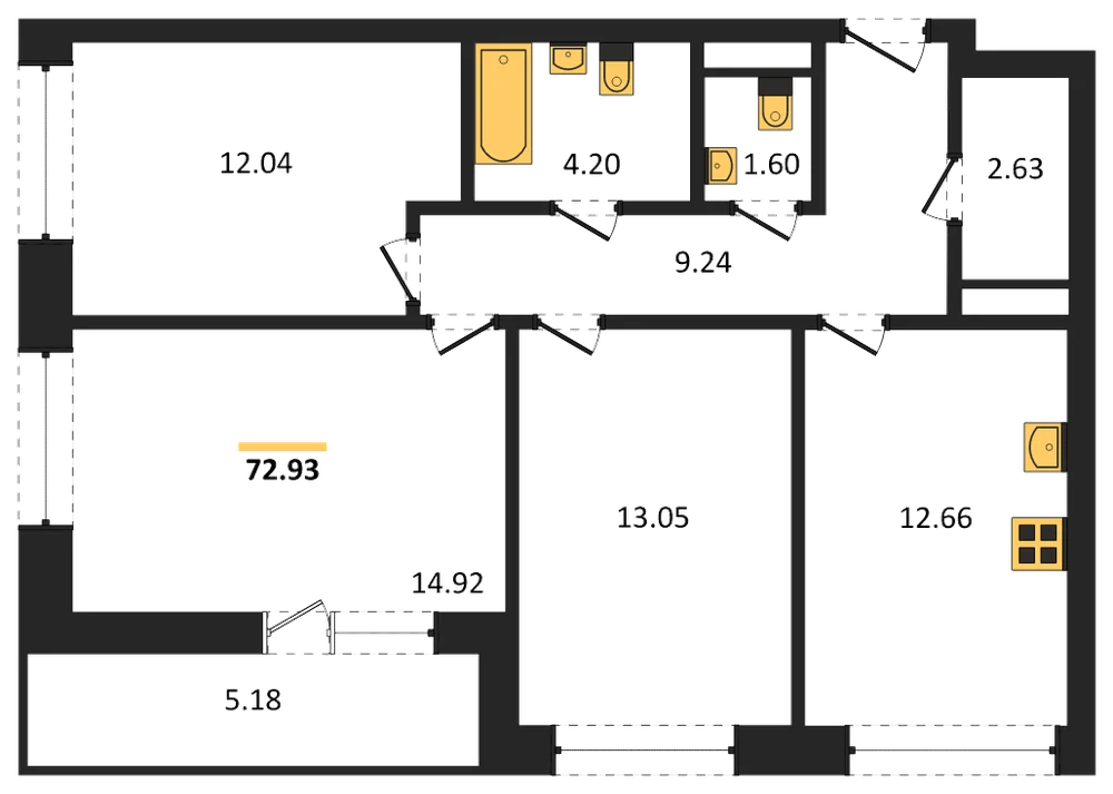 Планировка: 3-комн., 72,9 м²