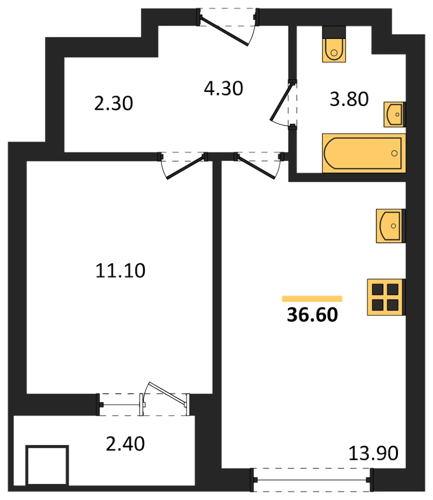 Планировка: 1-комн., 36,6 м²