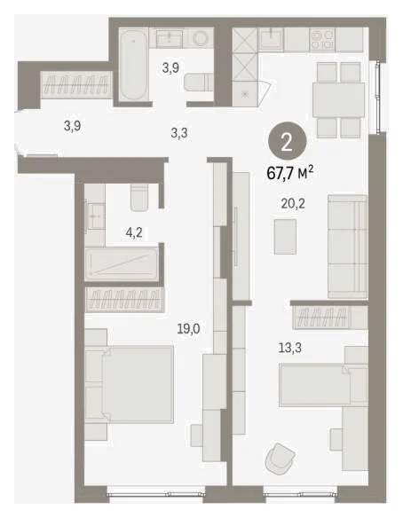 Планировка: 2-комн., 67,7 м²
