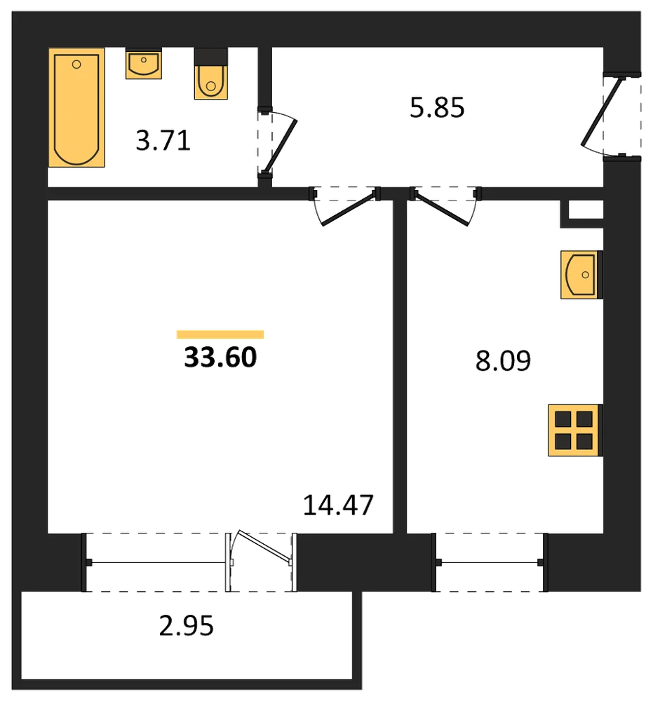 Планировка: 1-комн., 33,6 м²