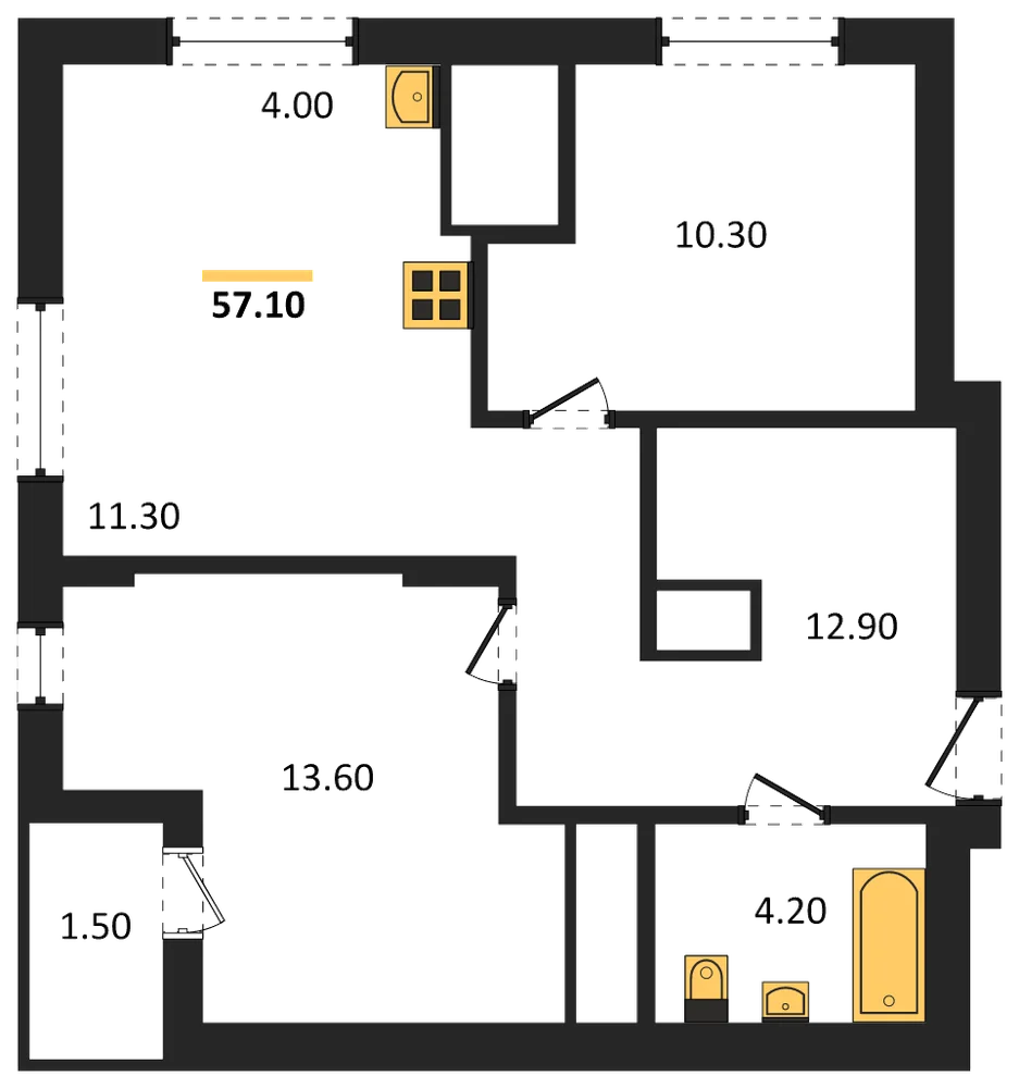 Планировка: 2-комн., 57,1 м²