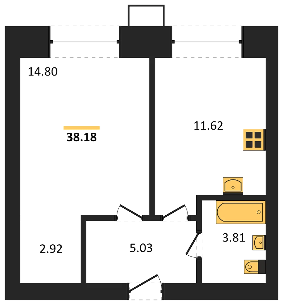 Планировка: 1-комн., 38,2 м²