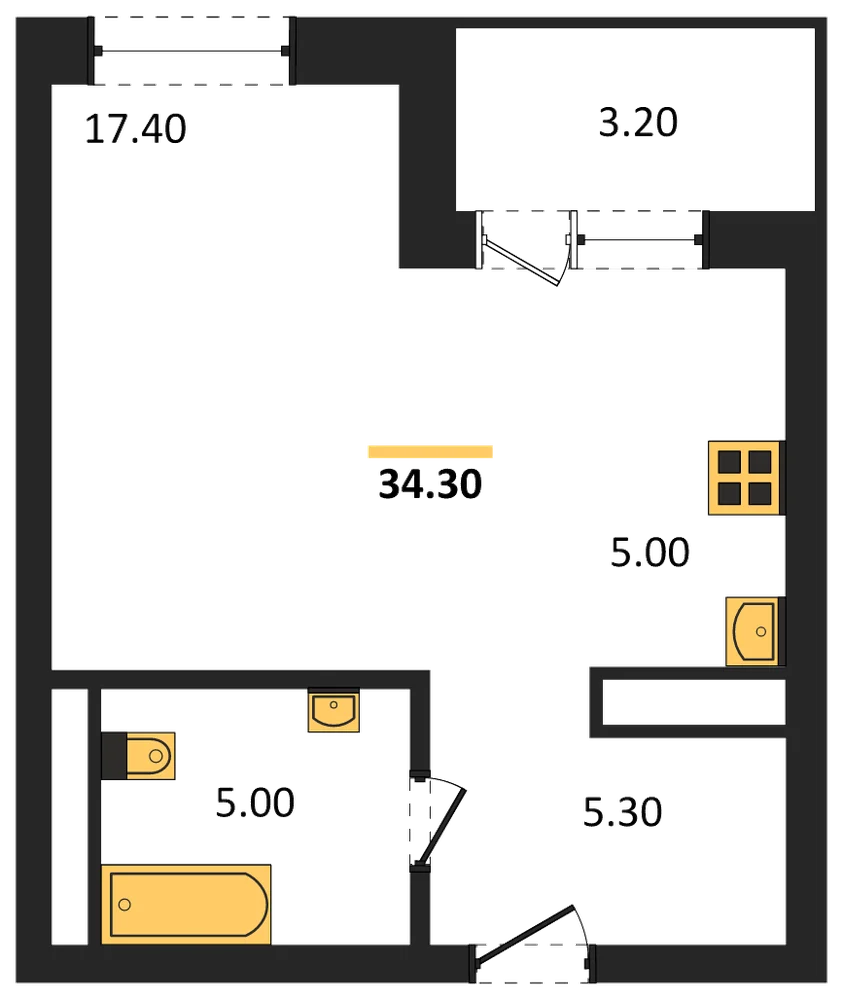 Планировка: 1-комн., 34,3 м²