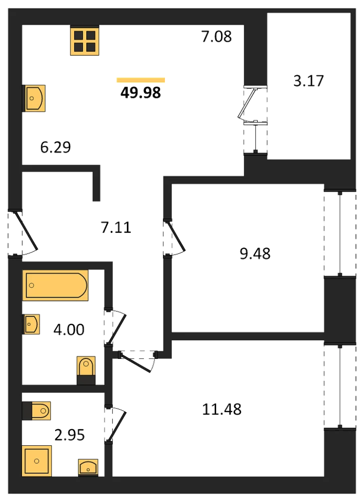 Планировка: 2-комн., 50 м²