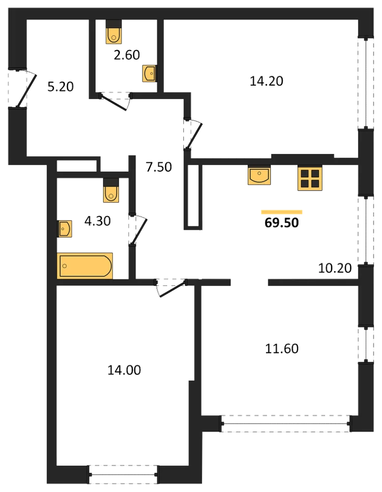 Планировка: 3-комн., 69,5 м²