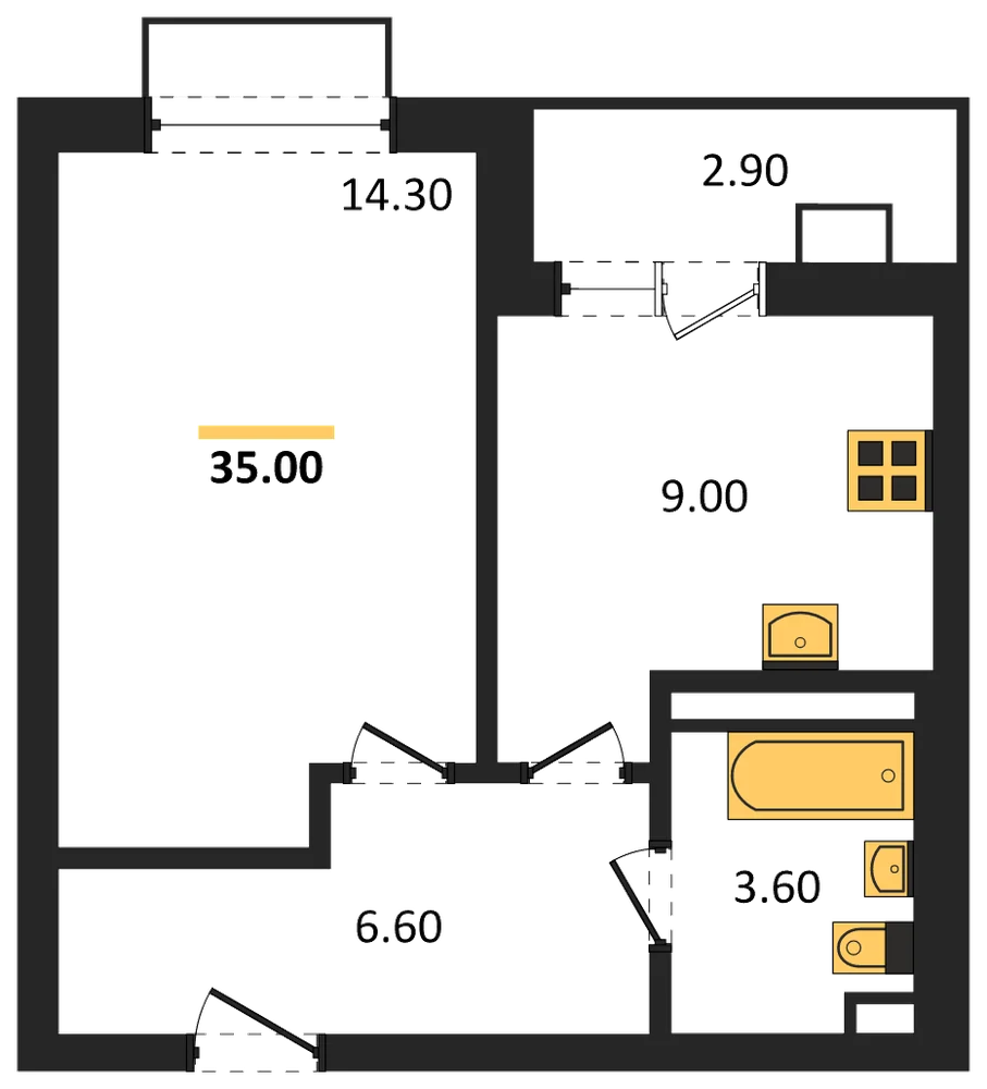 Планировка: 1-комн., 35 м²