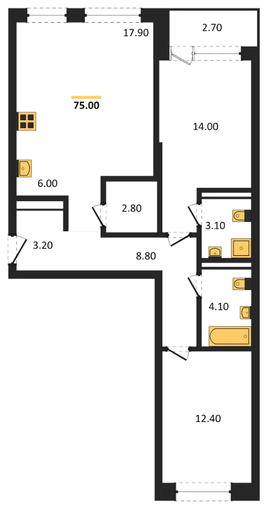 Планировка: 2-комн., 75 м²