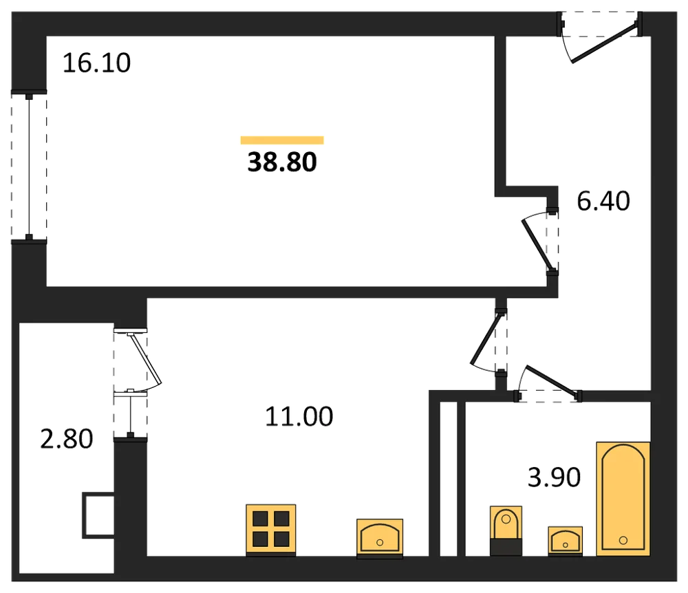 Планировка: 1-комн., 38,8 м²