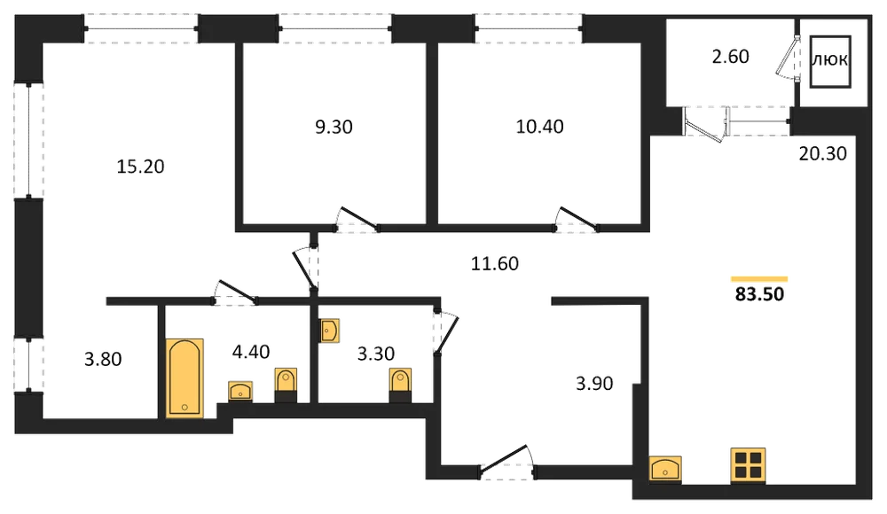 Планировка: 3-комн., 83,5 м²