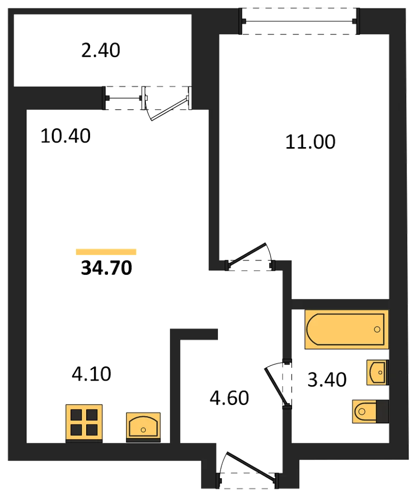 Планировка: 1-комн., 34,7 м²