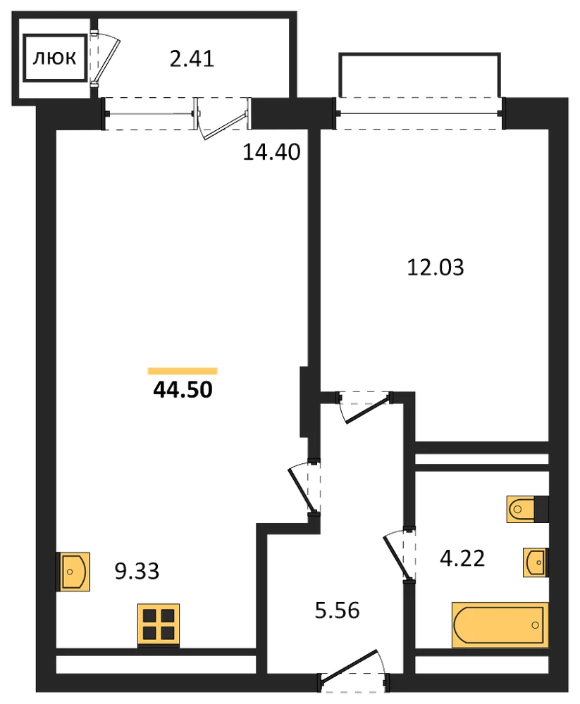 Планировка: 1-комн., 46,7 м²