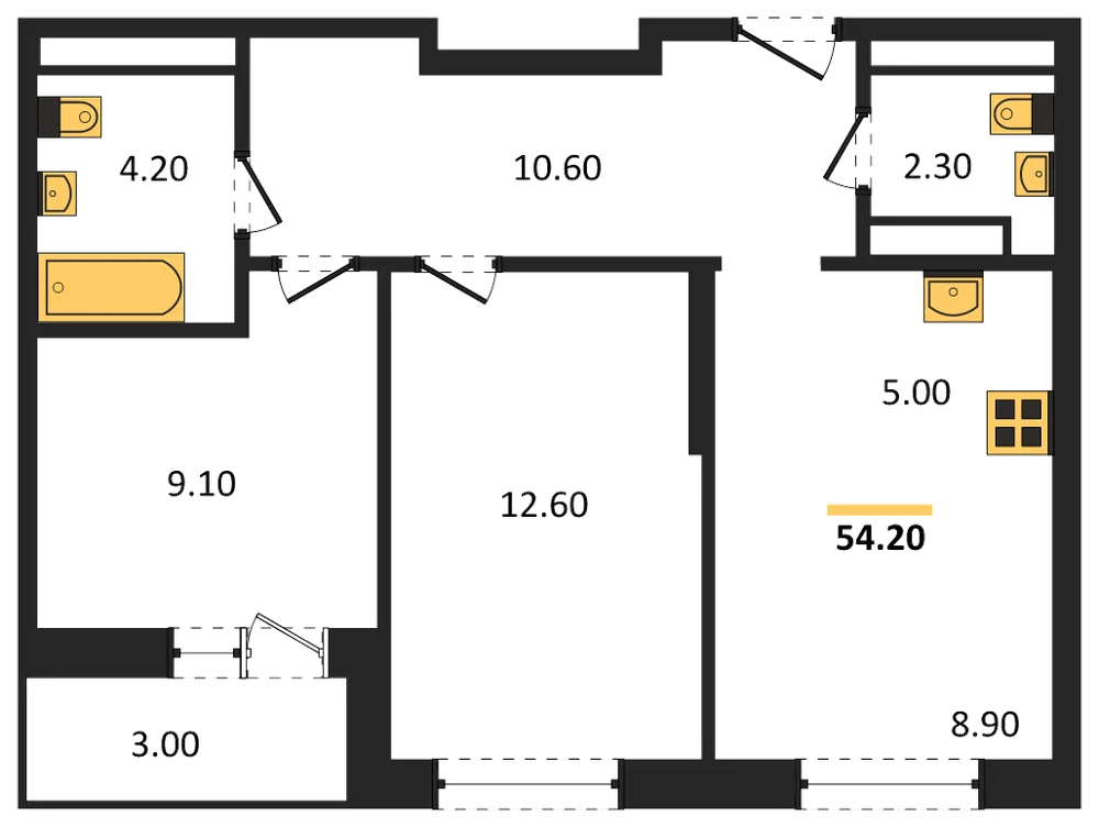 Планировка: 2-комн., 54,2 м²