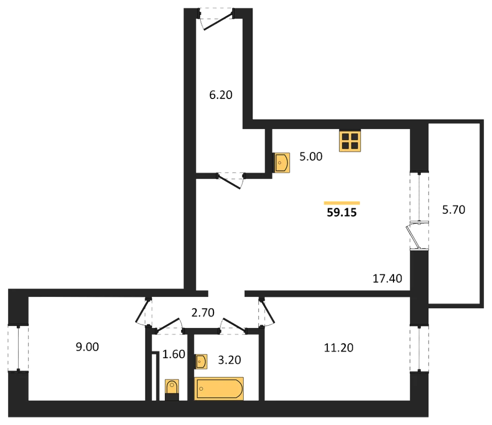 Планировка: 2-комн., 59,2 м²