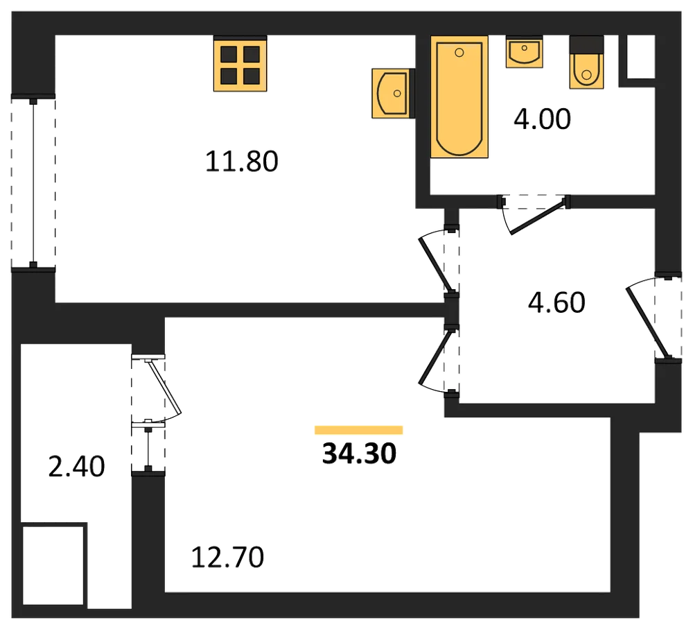 Планировка: 1-комн., 34,3 м²