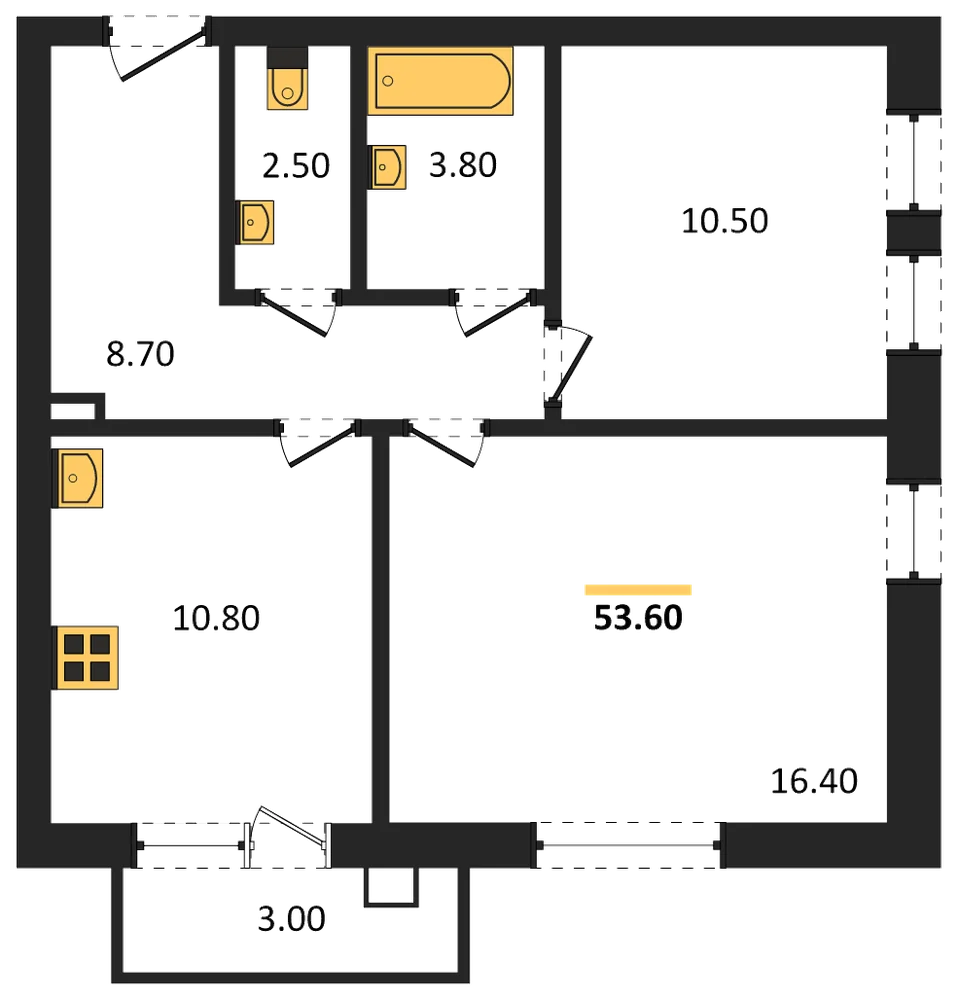 Планировка: 2-комн., 53,6 м²