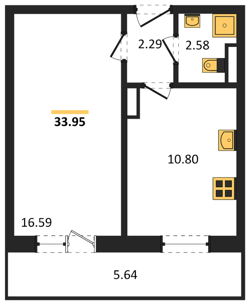 Планировка: 1-комн., 34 м²