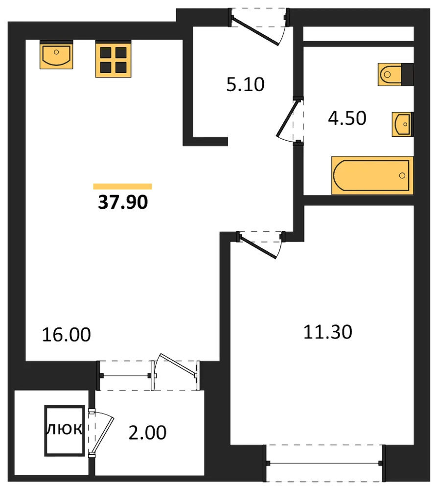 Планировка: 1-комн., 37,9 м²