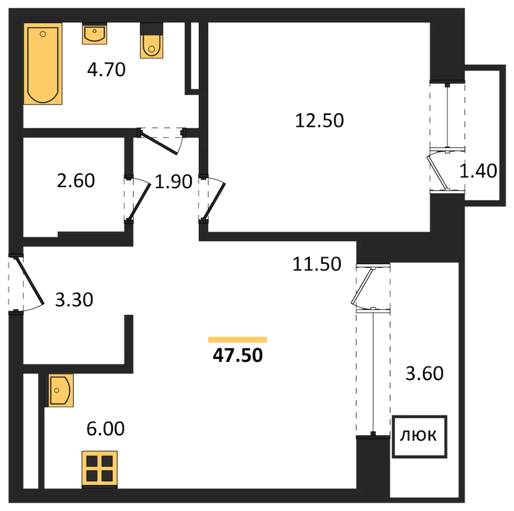 Планировка: 1-комн., 47,5 м²