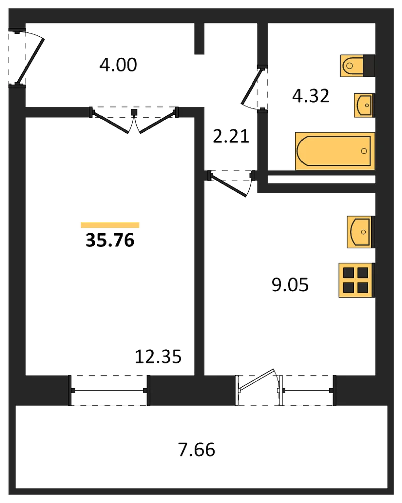 Планировка: 1-комн., 35,8 м²