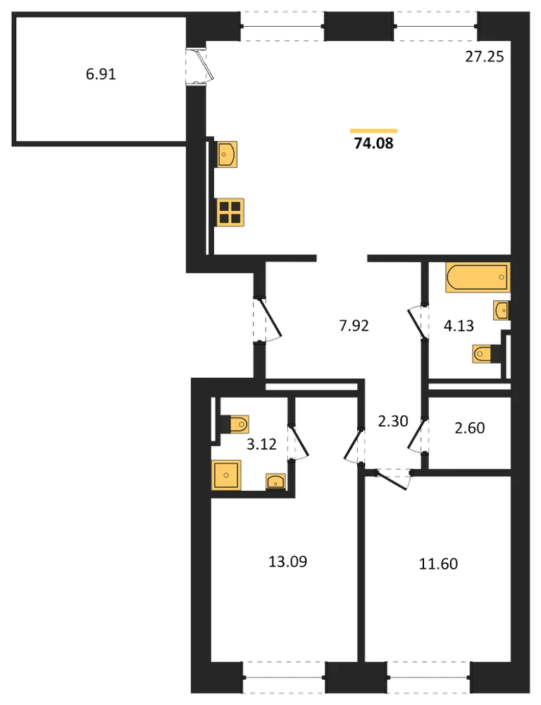 Планировка: 2-комн., 74,1 м²