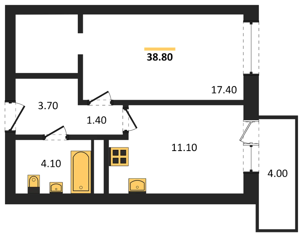 Планировка: 1-комн., 38,8 м²