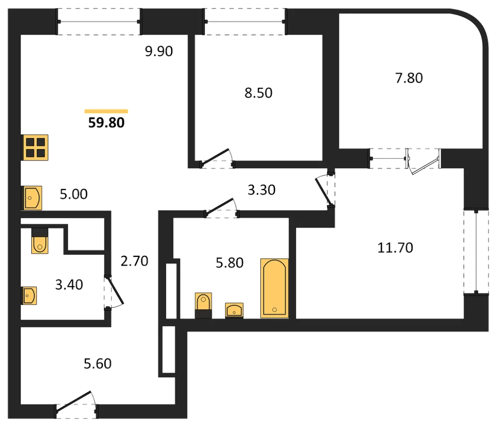Планировка: 3-комн., 59,8 м²
