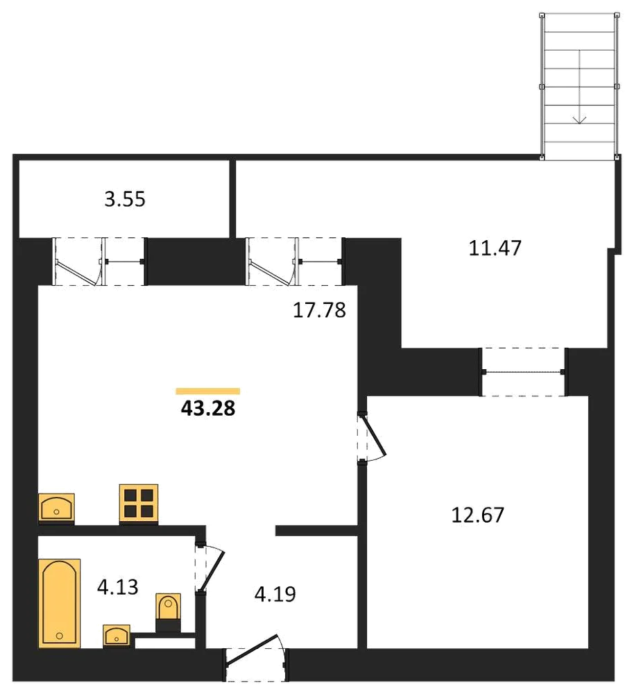 Планировка: 1-комн., 43,3 м²