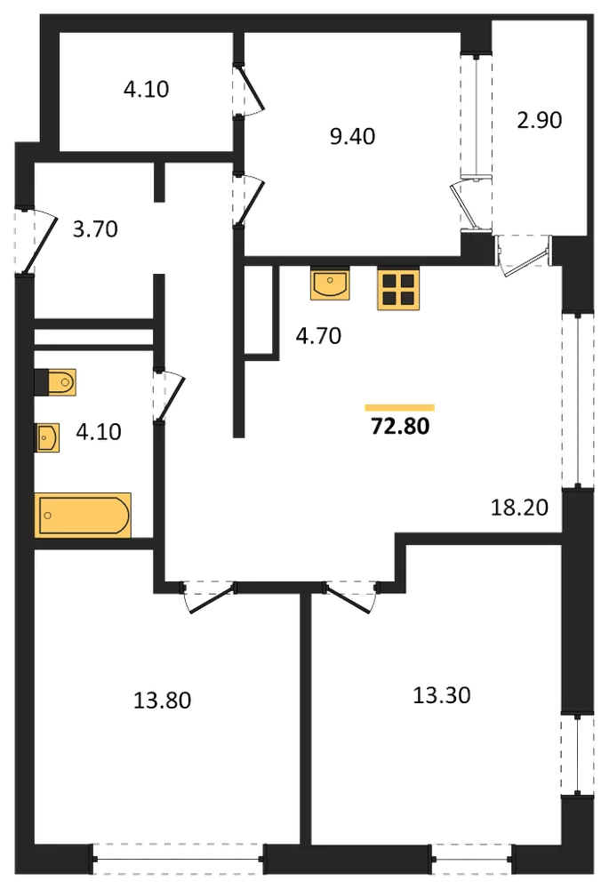 Планировка: 3-комн., 72,8 м²