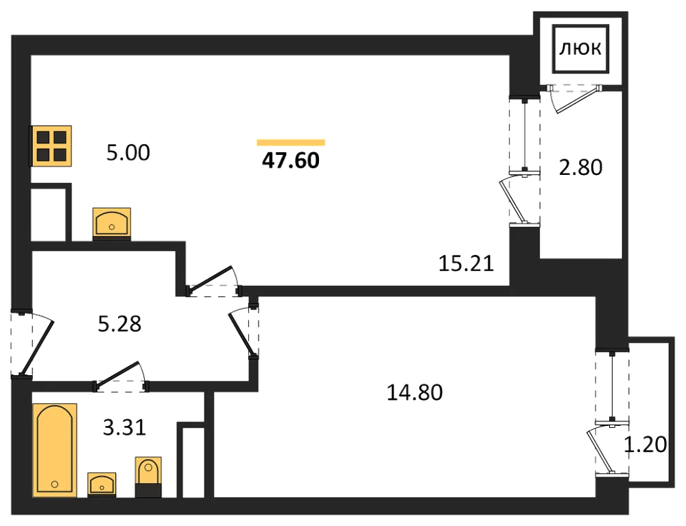 Планировка: 1-комн., 47,6 м²