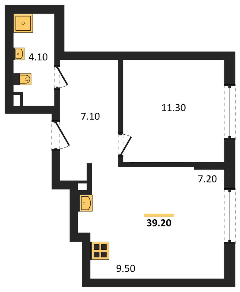 Планировка: 1-комн., 39,2 м²