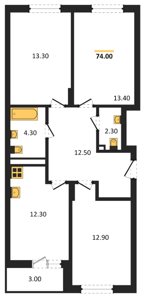 Планировка: 3-комн., 74 м²