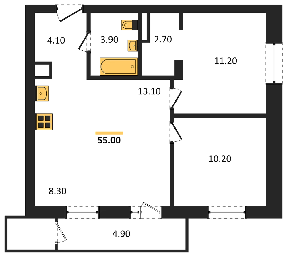 Планировка: 2-комн., 55 м²
