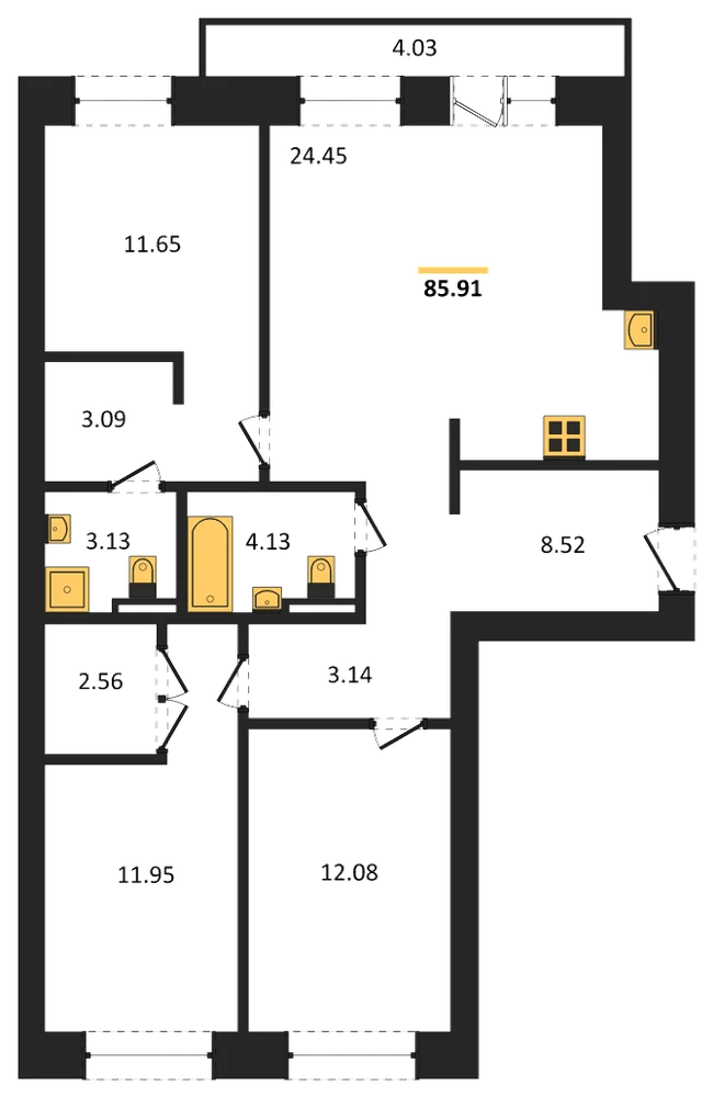 Планировка: 3-комн., 85,9 м²