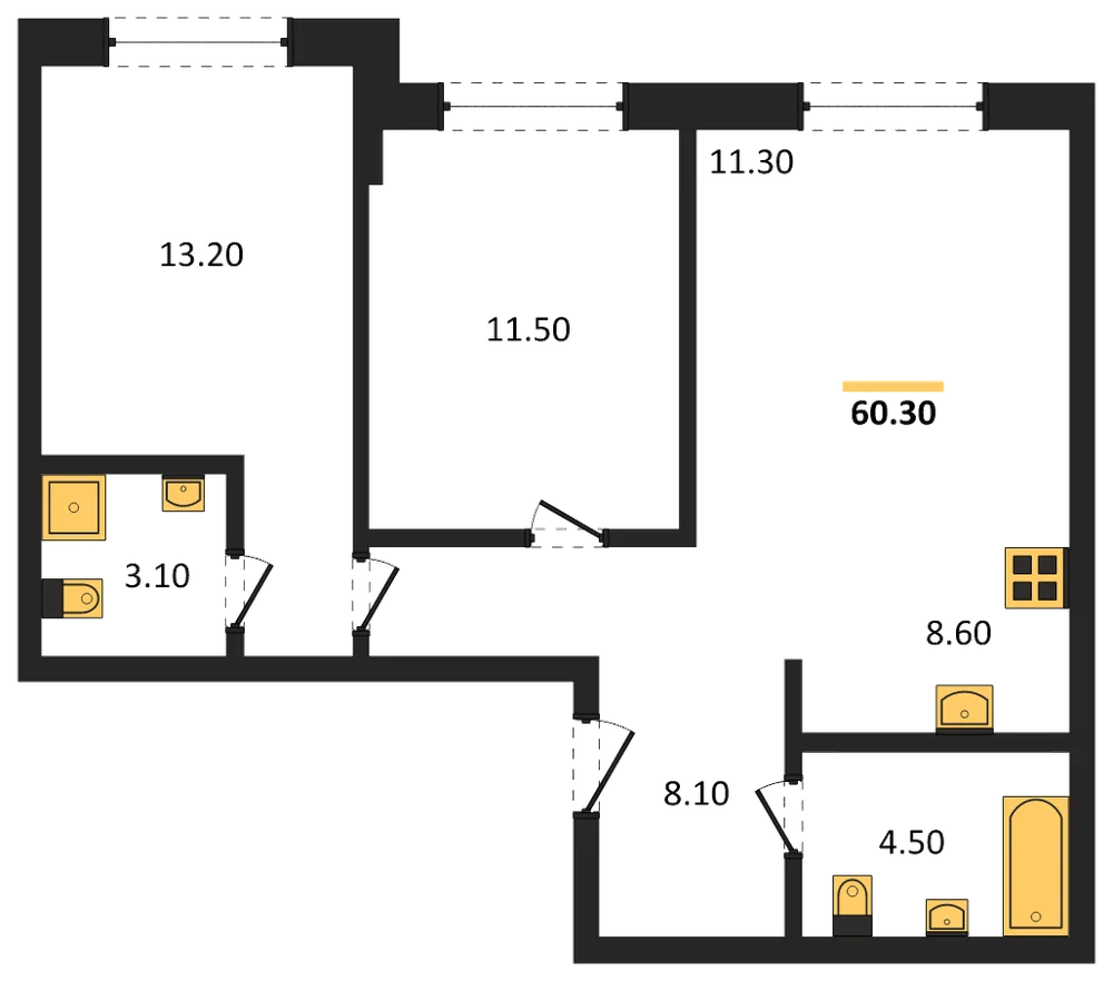 Планировка: 2-комн., 60,3 м²